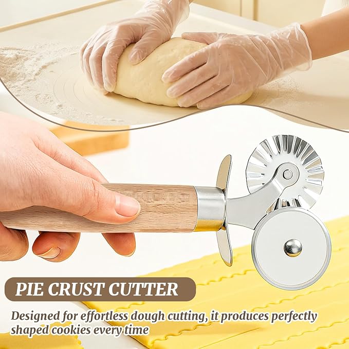 Pastry Cutter Double Wheel,Ravioli Crimper Cutter Wheel,with Exquisite Wooden Handle for Pasta Pizza Ravioli Cookie,Making Tools for Home and Kitchen Use