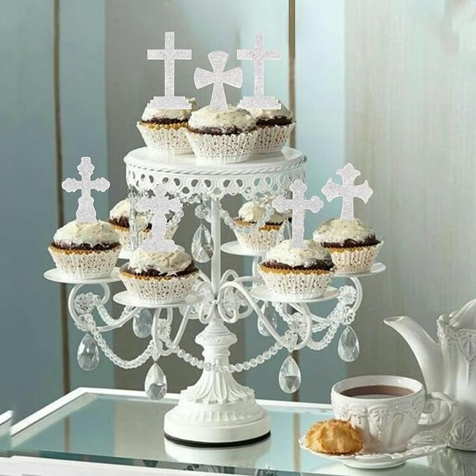 60 PCS Edible Cross Cupcake Toppers Wafer Paper God Bless and Baptism Cupcake Picks Edible Christian Baptism Cross Cake Decorations for Religious Theme Baby Shower Birthday Party Supplies Silver