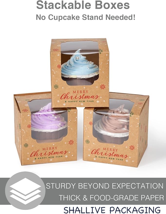 Christmas Individual Cupcake Containers with Window and Insert, Pre-Assembled Cocoa Bomb Packaging 60pcs Christmas Kraft Cupcake Boxes for Gifts