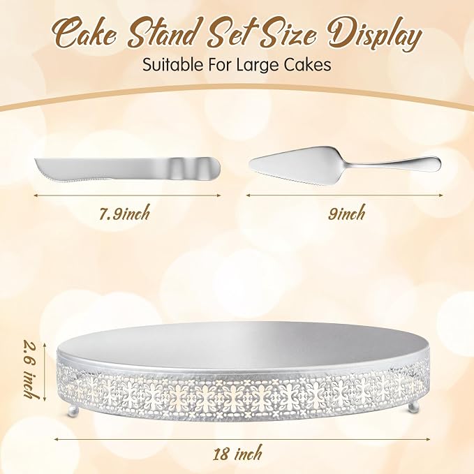 Wenqik Silver Cake Stand 18 Inch Metal Round Cupcake Dessert Wedding Cake Stand with Cutting & Spatula Cookies Display Holder Fruit Serving Tray for Table Wedding Birthday Anniversary Party