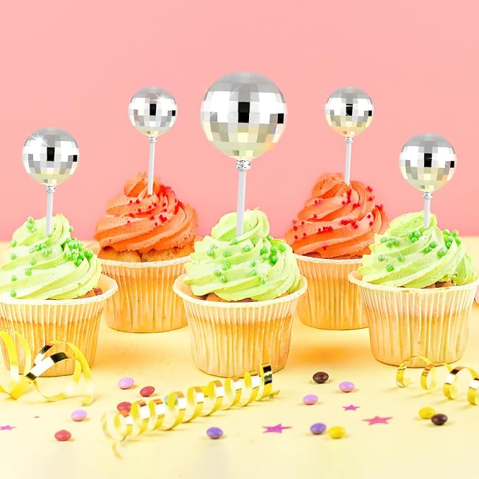 ASTARON 20 Pcs Disco Ball Cake Topper Decorations Sticks Silver Cake Balls Picks Toppers for Birthday Anniversary Disco Retired Theme Party Decorations