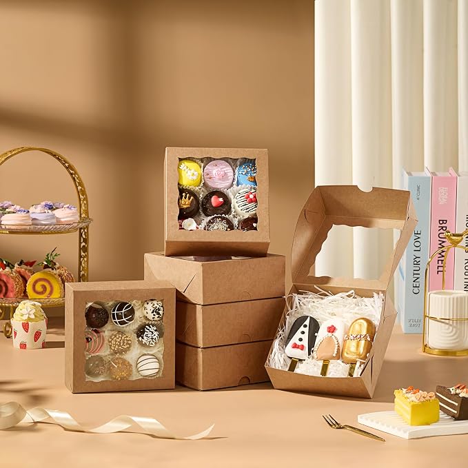 30pcs Cookie Boxes with Window, 6x6x2.5in Brown Bakery Boxes for Treats, Small Cake, Desserts, Donuts, Pastry