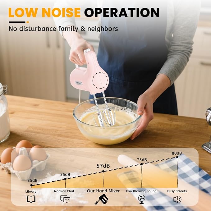 Lord Eagle 5-Speed Hand Mixer Electric, 300W Compact Handheld Mixer, Portable Kitchen Egg Beater with 5 Attachments & Storage Bag, Cake Supplies for Bread Dough Baking, Lightweight, Pink