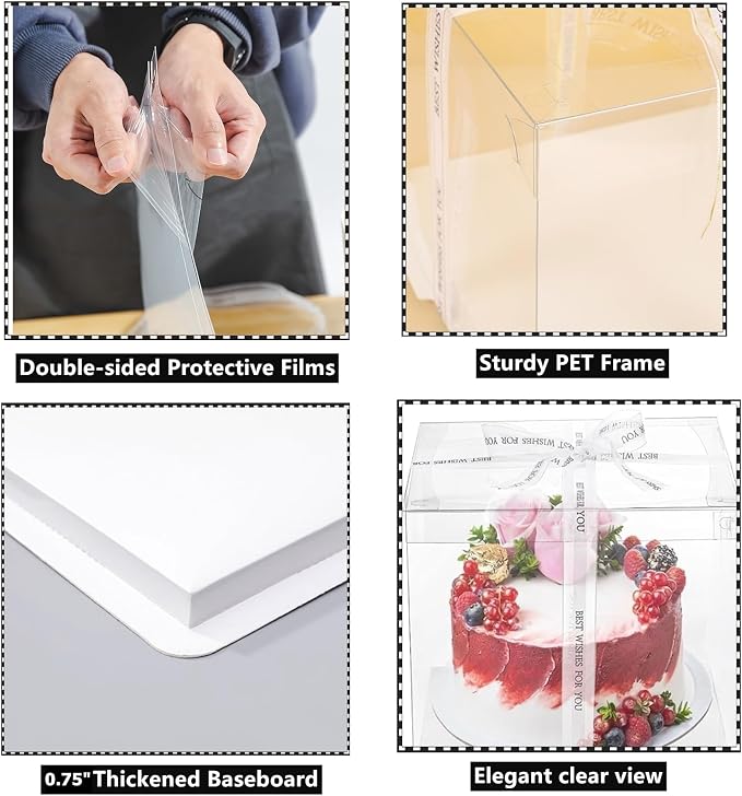 6 Pack Clear Cake Box, 2-Layer Transparent Cakes Box with Ribbon, 10" X 10" X 9" Tall Cake Carrier Boxes with Sturdy Board for Bakery Dessert Bread Pastry Birthday Parties, Wedding Graduation