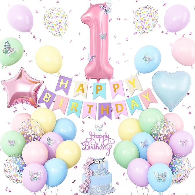 1st Pastel Rainbow Birthday Decorations for Girls,Macaron Pink Blue Purple Green Yellow Colorful Confetti Balloons Banner Star Heart Number 1 Foil Balloon Butterfly Stickers Easter Decor