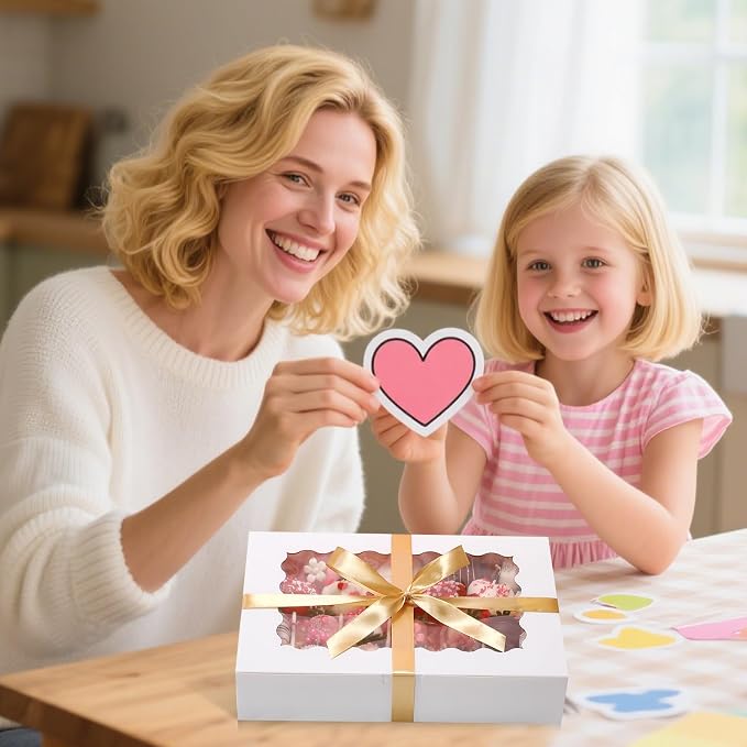 36 Pack Bakery Boxes with Window, 12x8x2.5 Inches Pastry Boxes with Ribbon and Sticks, Treat Boxes for Chocolate Covered Strawberries, Cookies, Muffins, Donuts, Breakable Hearts