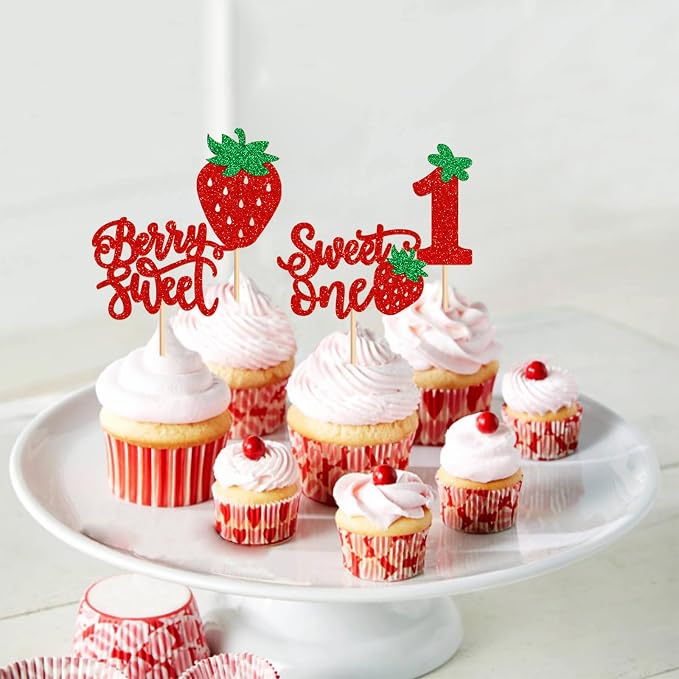 24pcs Glitter Red Strawberry Sweet One Cupcake Toppers Berry Sweet Strawberry Cupcake Picks for Kids Berry First Birthday 1st Wedding Anniversay Baby Shower Party Decoration Supplies