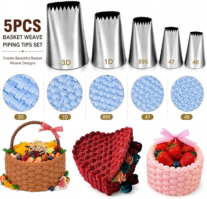 5 Pcs Basketweave Piping Tips Set, Stainless Steel Icing Nozzles for Cake Decorating, Includes 3D, 1D, 895, 48, 47-Dishwasher Safe
