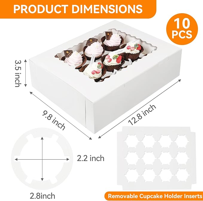 10-Set Cupcake Boxes Bulk with Clear Display Window Hold 12 Standard Cupcakes, Disposable Food Grade White Cupcake Carrier Cupcake Container, Perfect for Cupcakes Muffins Cookies Pastries