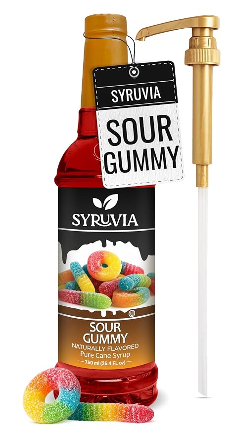 Syruvia Sour Gummy Syrup, Naturally Flavored Syrup for Specialty Drinks, Lemonades, Iced Teas, and Desserts – 25.4 fl oz - with Pump