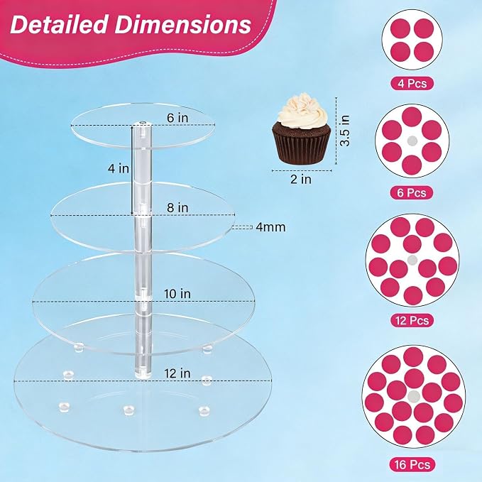 4 Tier Cupcake Stand for 50 Cupcakes, Clear Acrylic Cupcake Stand, Cupcake Holder for Parties, Weddings, Birthdays, Clear Cupcake Stand Ease of Assembly High Stability (Round)