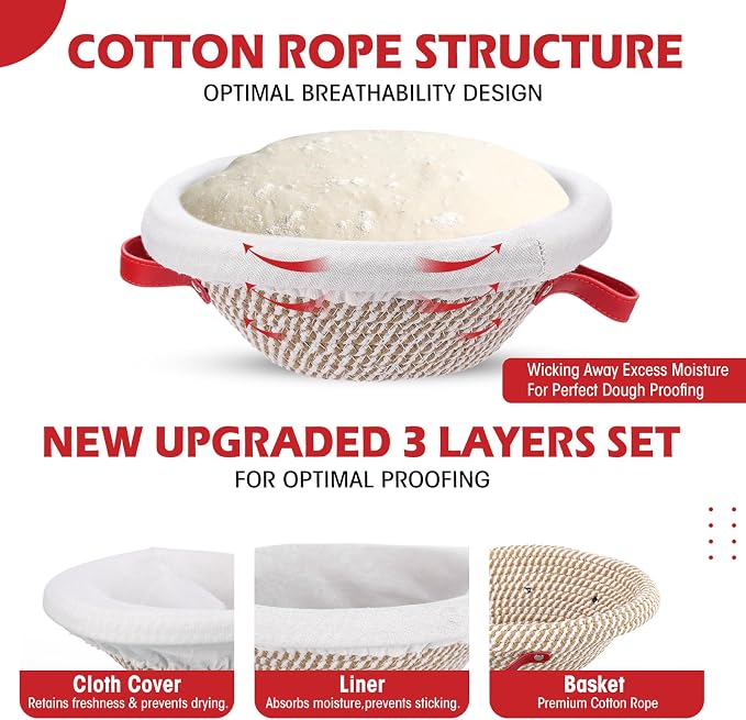 Gejoy 4 Pcs 9.1 Inch Cotton Rope Banneton Bread Proofing Basket Set Round Bread Baskets with Liners & Covers Proofing Baskets for Sourdough Baking with 4 Strickle for Home Bakers Wife (Yellow, White)