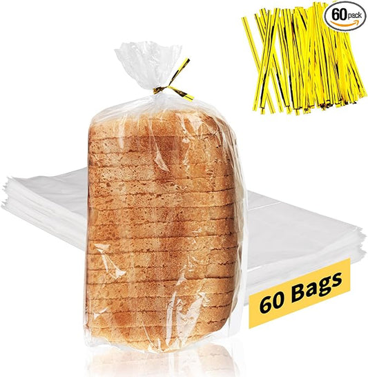 Bread Bags with Ties, 60 Clear Bread Bags for Homemade Bread and 100 Ties, Adjustable Reusable Plastic Bread Bags, Bread Loaf Bags for Home Bakers and Bakery Owners