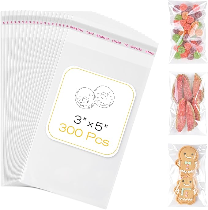 300 Pcs Clear Self Sealing Cellophane Bags, 3x5 Inches Cookie Bags Resealable Cellophane Bag for Packaging Cookies, Candy, Gifts, Favors and Products, 3 Mils Individual Self Adhesive Wrappers