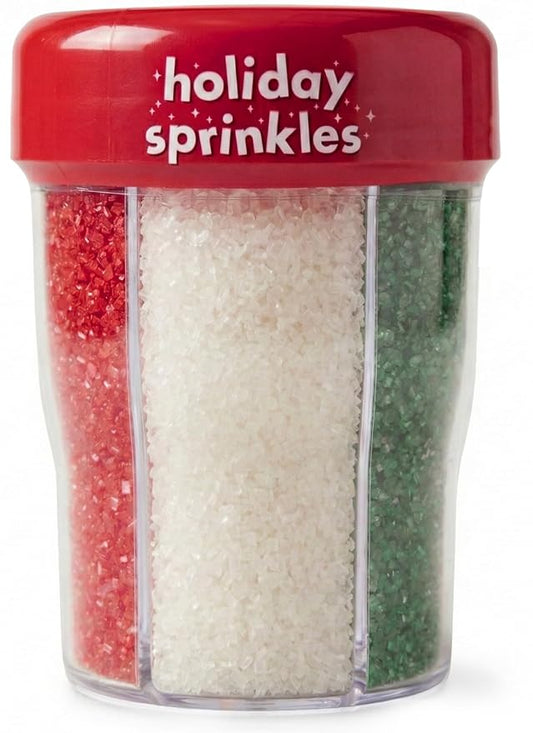 Holiday Sanding Sugar 3-Cell Bottle - Red, Green & White Christmas Decorating Sugar Crystals – 9.7oz Sparkling Baking Sprinkles for Cookies, Cupcakes, Gingerbread, Cakes & Holiday Treats