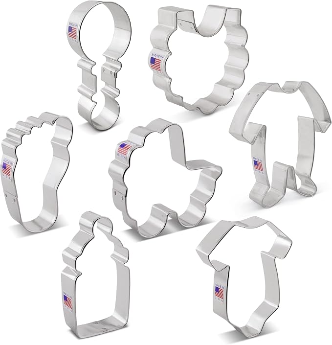 Ann Clark 7-Pc. Baby Shower Cookie Cutter Set, Made in USA, Baby Onesie, Footie Pajamas, Bottle, Rattle, Bib, Footprint and Carriage