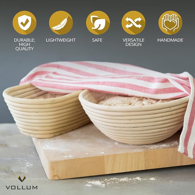 Vollum Banneton Bread Proofing Basket & Liner – Handmade Rustic Sourdough Bread Baking Supplies, Brotform, Sour Dough Tools, Gifts for Bakers - Oval - 10 x 7 x 3.75"H