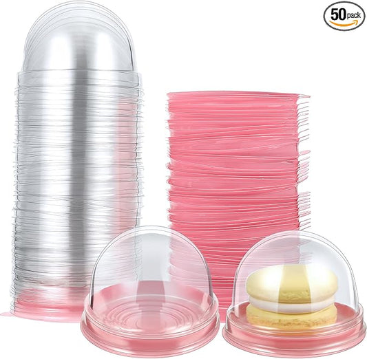 Patelai 50 Pcs Clear Plastic Mini Cupcake Container, Mini Cupcake Box Muffin Dome Muffin Single Container Box for Wedding Birthday Cheese Pastry Dessert Cake (Pink)