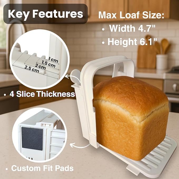 Bread Slicer Guide for Homemade Bread – Lightweight, Foldable, 4 Slice Thickness Options | Easy to Use, Clean & Store | Durable ABS Plastic with Anti-Slip Base | Lightweight, Foldable, 4 Slice Thickness Options, Durable ABS Plastic, Anti-Slip Base