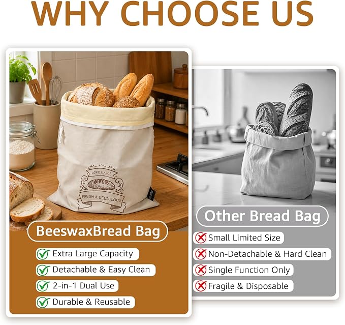 Bread Bags for Homemade Bread & Sourdough - 2 Pack Reusable Beeswax Bread Bags, 100% Cotton with Detachable Liner & TPU Freezer Bag, 17x13in, Freezer Safe & Washable
