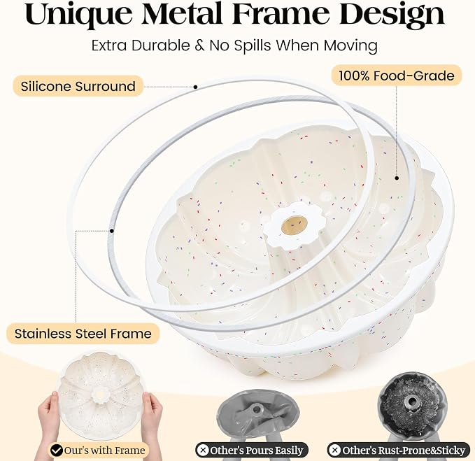 Vinino 9.5 Inch Silicone Fluted Tube Cake Pan with Metal Reinforced Frame, Pound Cake Pan Mold, BPA Free Silicone Bakeware for Cake, Bread, Jello, Gelatin, Flan, 1 Pack