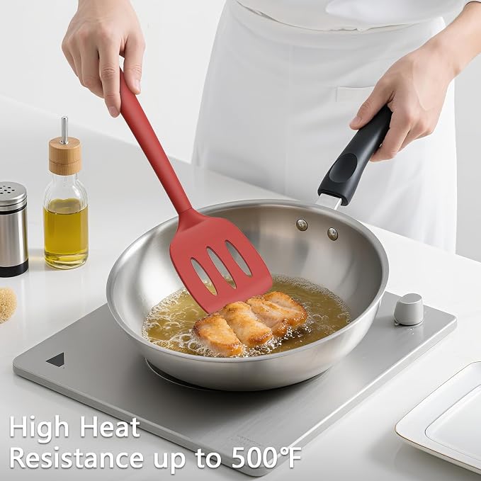 Coukre 3 Pack Silicone Spatula Set, High Heat Resistant, BPA-Free, Fish Spatula, Solid & Slotted Turner for Non-Stick Pans, Flipping Eggs, Pancakes, Fish, Burgers (3, PureRed)