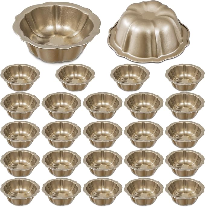Ctosree 24 Pcs 4 Inches Fluted Mini Cake Pan Nonstick Fluted Cake Pan Carbon Steel Tube Metal Tube Oven Baking Mold with Flower Shape for Cupcake (Gold)