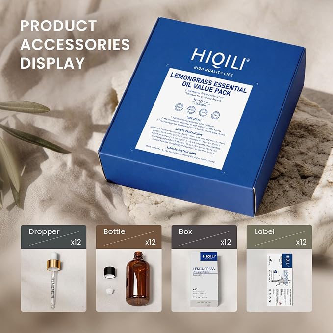 HIQILI Lemongrass Essential Oil Set-1 fl oz (12 Pack), Bulk Wholesale for Business,Ideal for DIY, Diffusing, Protection, Skin Care & Massage, for Craft Shops, Hotels, Outdoors & Spas