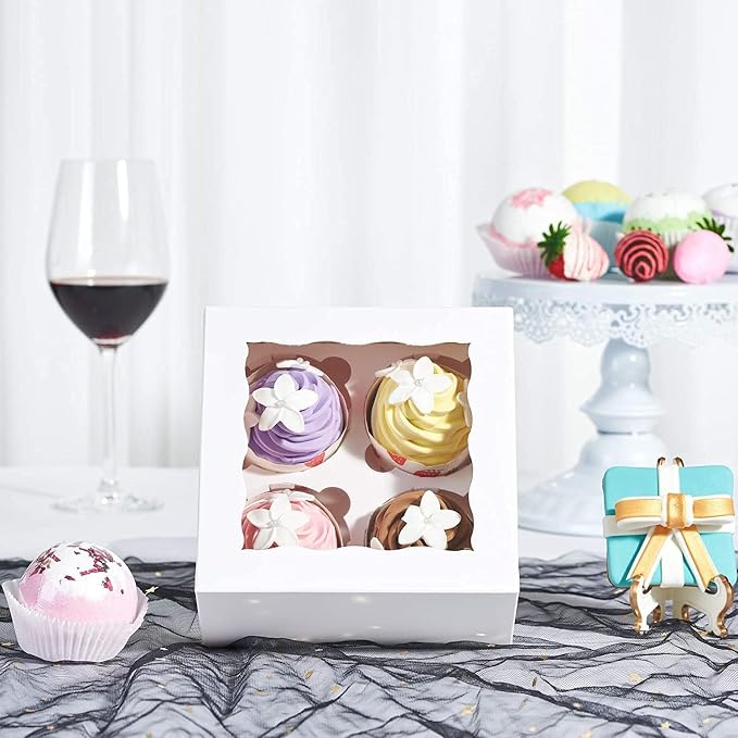 6.2x6.2x3 Inches Cupcake Boxes 20 Pack with Window & 4 Cavity Insert - Versatile Baking Containers for Cupcakes, Cookies & Treats | Holiday, Birthday & Bakery Supplies