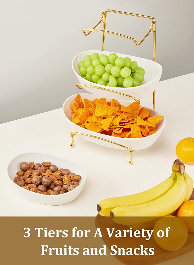 Fruit Bowls for Kitchen Counter, 3 Tier Ceramic Fruit Basket with Serving Bowls Metal Stand, Tiered White Porcelain Bowls for Fruit Vegetable Storage, Snack, Nuts, Cake, Dessert