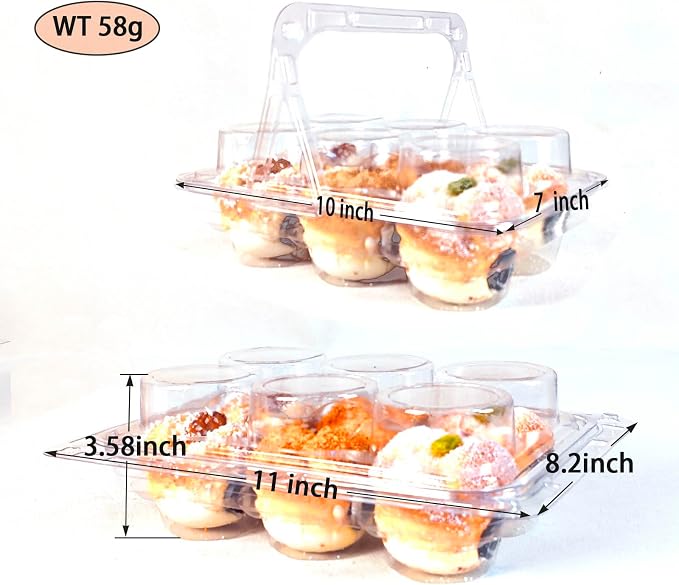 6-Cavity Clear Cupcake Containers,Cupcake Carton With Handle(50pc) | 6-Compartment Cupcake Containers With Handle, TClear Plastic Cupcake Cartons With Lid, Cake Rack For Cake Shops And Bakeries