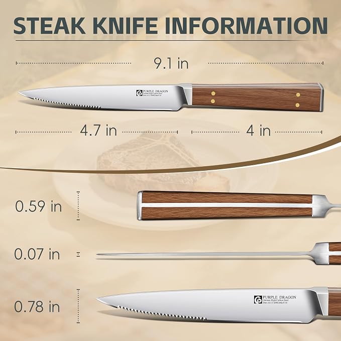 Purple Dragon Serrated Steak Knives Set of 8-4.7 Inch Dinner Knife High Carbon German Steel Steak Knife Set with Square Wooden Handle - Effortless Cutting Christmas Gift for Men and Women