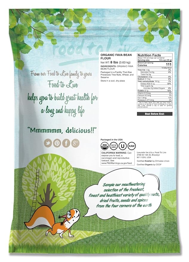Food to Live Organic Fava Bean Flour, 8 Pounds – Non-GMO, Finely Ground, Pure, Raw, Vegan, Bulk. Good Source of Protein & Fiber. Highly Nutritious. Great for Baking Bread, Pizza and Home Made Pasta