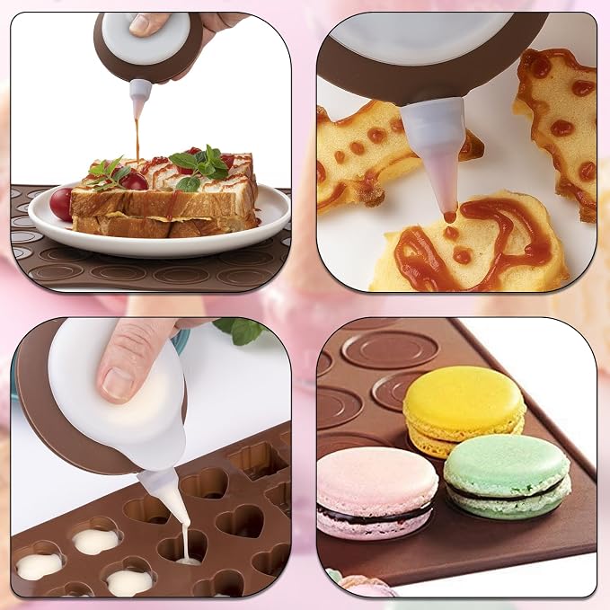 Silicone Macaron Baking Kit, 48 Capacity Macaron Silicone Mat and Decorating Piping Pot with 3 nozzles, Non stick Reusable Macaroon Baking Supplies (Brown)