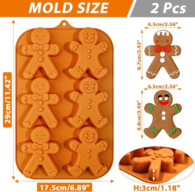 Webake Gingerbread Man Silicone Mold, 6-Cavity Christmas Molds Shaped with Gingerbread Man for Cake, Soap, Jelly, Cookie (Pack of 2)