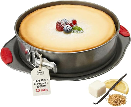 Boxiki Kitchen 10 Inch Nonstick Springform Pan, Professional Spring Form and Cheesecake Baking Mold, Leakproof Cake Pan with Silicone Handles