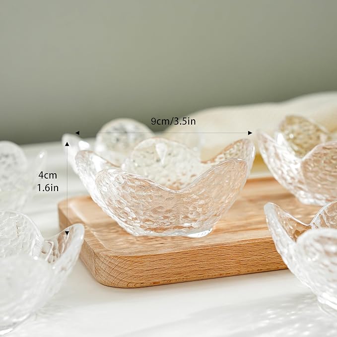 kanpura Mini Glass Bowls, Flower Shaped Prep Bowl, Dishwasher Safe, Pinch Bowls for Dipping Spices Sauce, Stackable, 1.5 oz, Set of 6, (Clear)