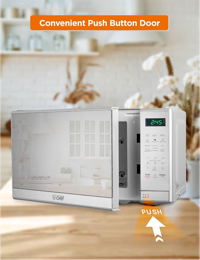 Commercial Chef 0.7 Cu. Ft. Countertop Microwave Oven, Touch Controls with Digital LED Display, 700W Microwave with 10” Turntable Plate, Push Button Door, 10 Power Levels, CHM7MS, Stainless Steel