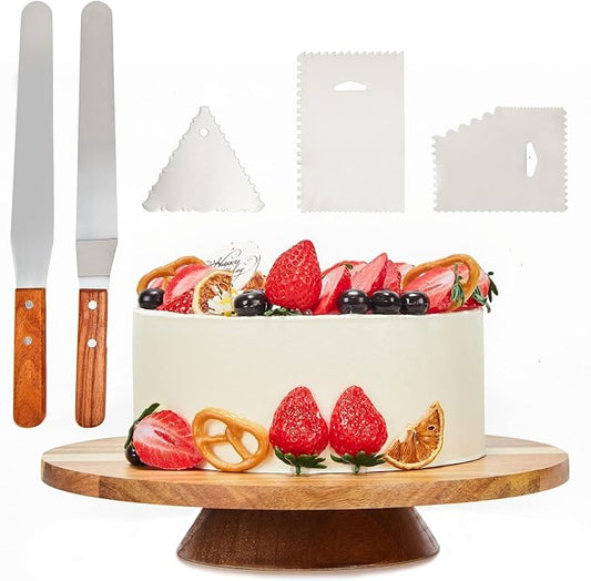 12" Acacia Wood Revolving Cake Stand,Wooden Rotating Display Stand for Cake
