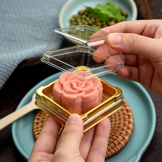 EchoDone 50 Set Clear Square Plastic Mini Cupcake Boxes (Gold) | Candy Muffin Square Mooncake Box Single Container Wedding Birthday Gift Box
