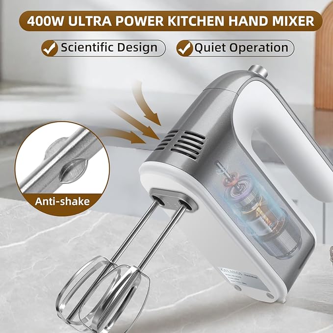 GELANGS-400W Hand Mixer with Turbo Boost - 5-Speed, One-Touch Release, Copper Motor - 5 Dishwasher-Safe Attachments - 110V Heavy Duty Mixer for Baking, Whipping & Dough