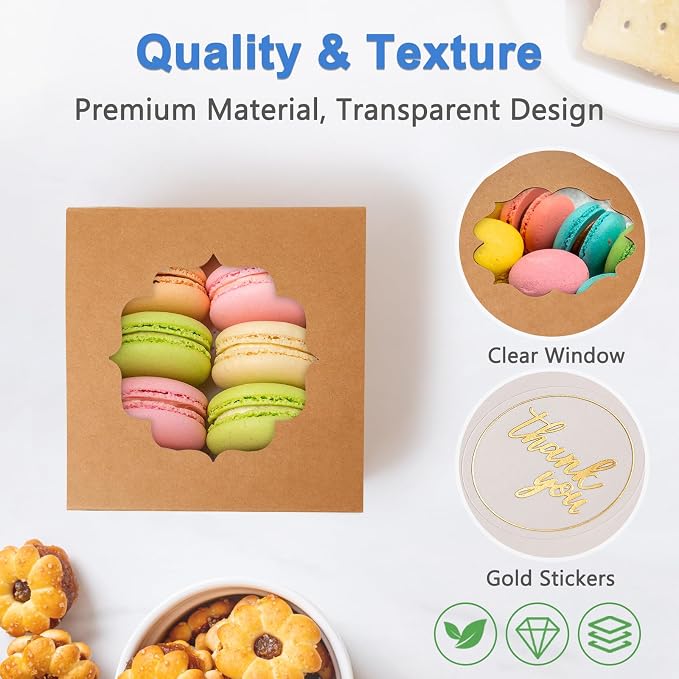 Shallive 4-Inch Small Cookie Boxes 100 Pcs Brown - Bakery Treat Boxes with Window for Gifting, To-go Containers Paper for Cake Slice, Macarons, Donuts 4x4x2.5