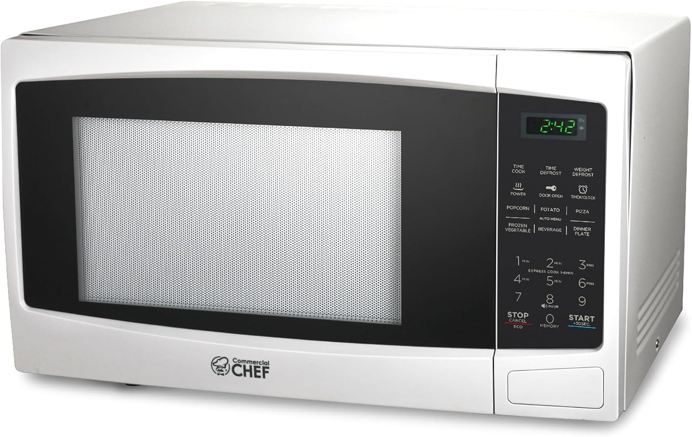 Commercial Chef 1.1 Cu. Ft. Countertop Microwave Oven, Touch Controls with Digital LED Display, 1000W Small Microwave with 12.4” Turntable Plate, Push Button Door, 10 Power Levels, CHM11MW, White