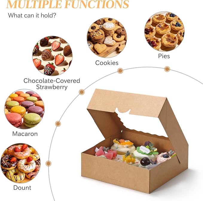 COTOPHER Auto Pop Up Cookie Box with Window 8x8x2.5 Inches – 50 Pack Brown Bakery Boxes with Ribbon for Birthday Party Favors, Wedding, Christmas Gift Packaging for Cookies, Candy, Macarons