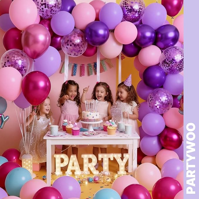 PartyWoo Pink and Purple Balloon Arch Kit Garland 140pcs Different Sizes of 18 12 10 5 Inch Metallic Baby Pink Hot Pink Chrome Light Purple Gold Confetti Balloons for Birthday Party Decorations