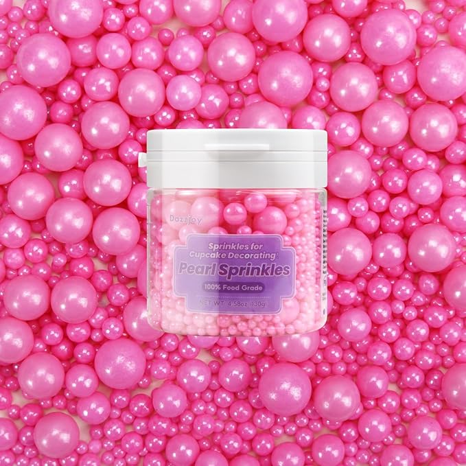 Dazzjoy Edible Hot Pink Pearl Sprinkles, Edible Sugar Candy, 130g/4.58oz, Pink Ball Pearls for Cake Decorating, Cupcake Toppers, Baking Cake Decoration, Wedding Party Holiday Supplies