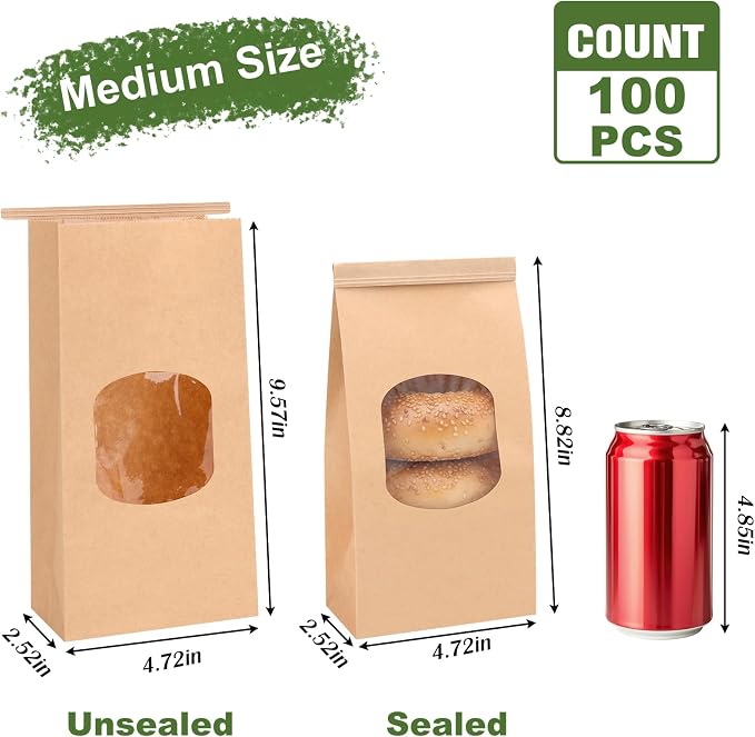Moretoes 100pcs Medium Bakery Cookie Bags with Window, 4.5x2.36x9.6in, Seal by Tin Tie Tab, Kraft Paper Bags for Cookie Coffee Bread Bakery Pastry Packing