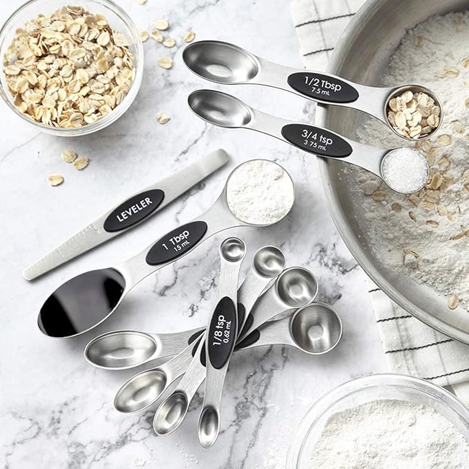 Stainless Steel Baking Tools, Magnetic Double-Headed Measuring Spoons, Seasoning Measuring Spoons With Scraper (8 PCS,Multicolor)