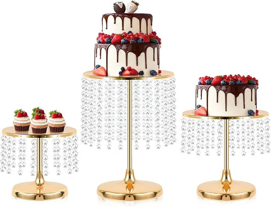 Metal Mirror Cake Stand Set with Crystal Pendants - Elegant Dessert Table Display for Weddings, Birthday Parties, Baby Showers, Events - Sturdy Crystal Bling Cupcake Stands for Pastries, Sweets, Decorations (Gold, Set of 3)