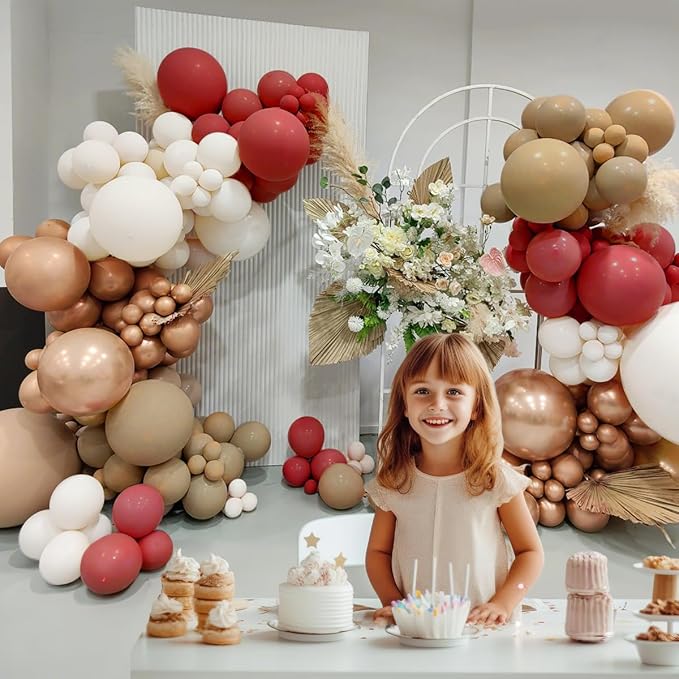 MEBAY Red Brown White Gold Balloon Arch Kit, 166Pcs Boho Ruby Red Balloons Garland for Valentine's Day Wedding Bachelorette Birthday Mother's Day Graduation Party Decoration